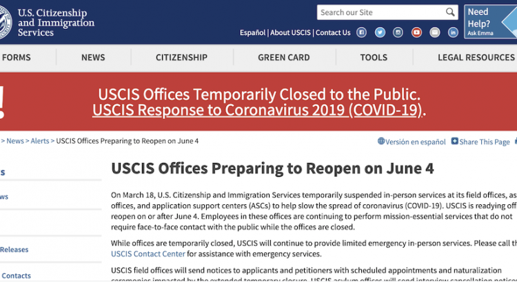 USCIS prepares to reopen on 6/4