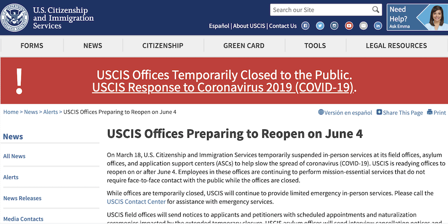 USCIS prepares to reopen on 6/4