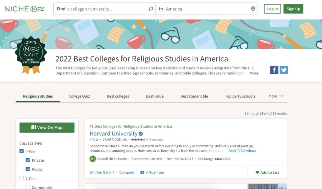 2022 Best Colleges for Religious Studies in America