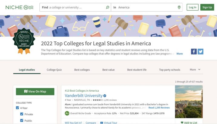 2022 Top Colleges for Legal Studies in America